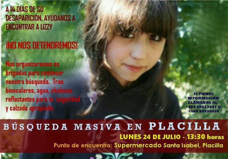 Afiche Oficial que convoca a iniciar la primera búsqueda cerca del la casa de Lizzy en Placilla. / Fotografía: fb.com/LisetteAhonzo